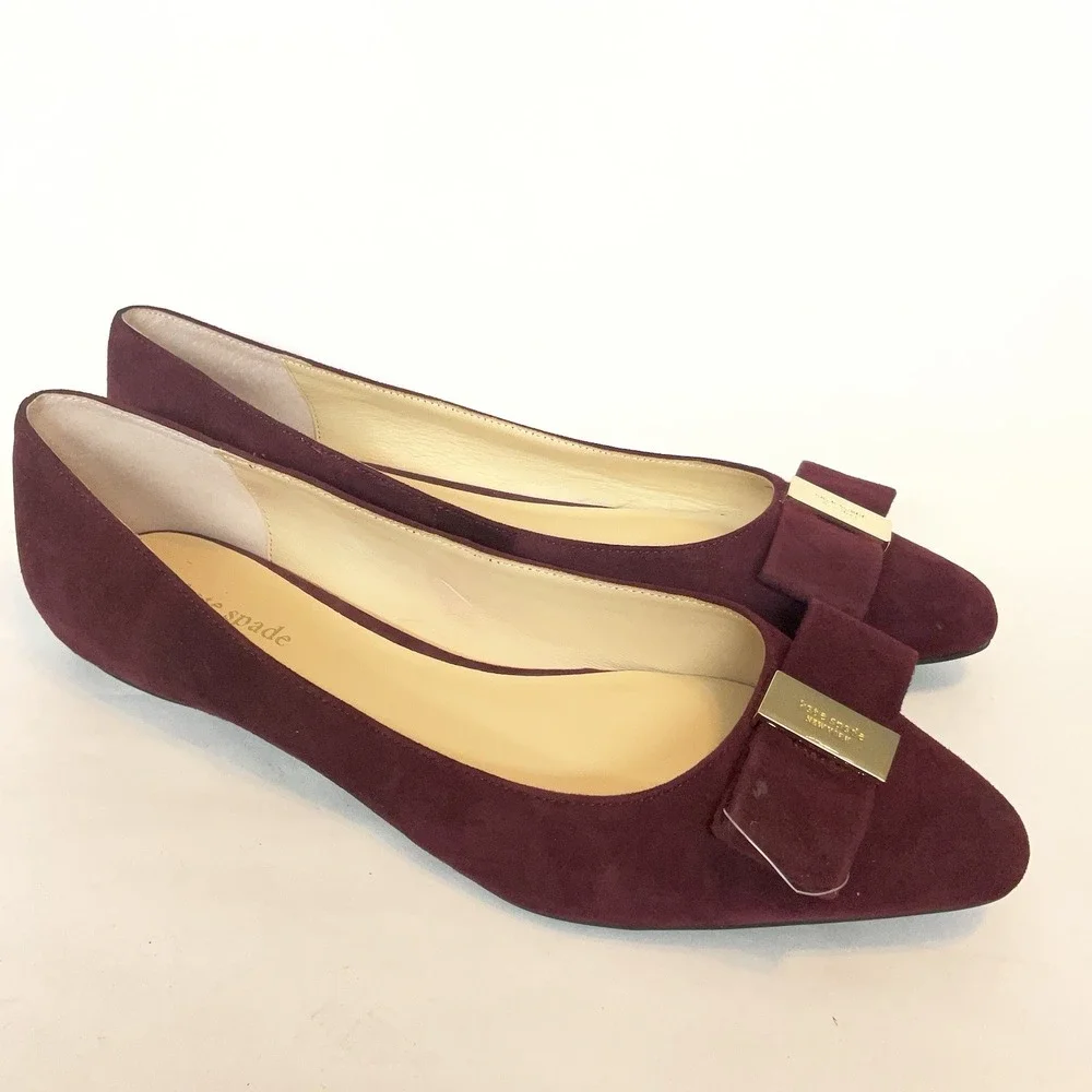 Kate Spade new york Burgundy Velvet Ballet Flats Size 10 Bow Logo Accent Women's